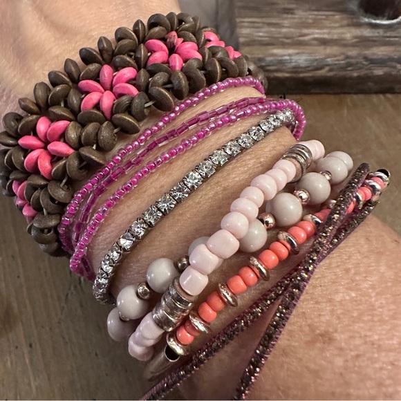 Pink and Brown Beaded Bracelet Bangle Set - Picture 6 of 10